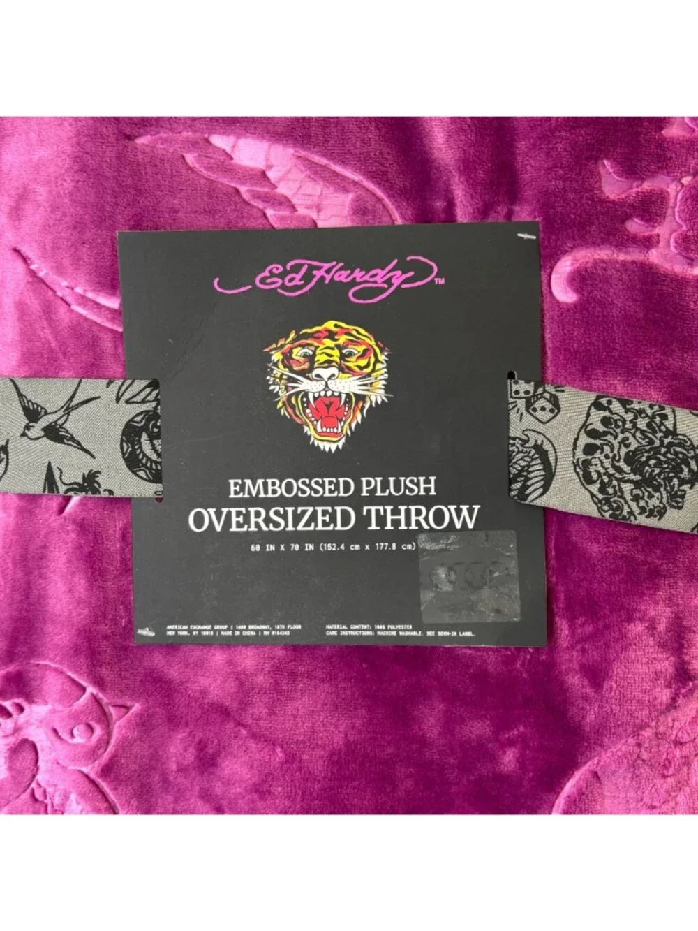 Ed Hardy Embossed Plush Oversized Throw Purple 60 x 70 Blanket Soft Cozy - NEW